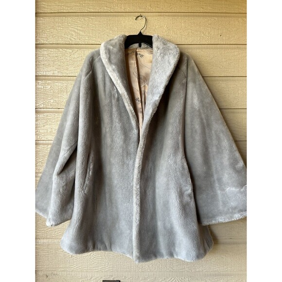 Princetons womens VTG 60s Open Front Faux Fur Coat Large XL Silver Grey Mutation - Picture 1 of 7